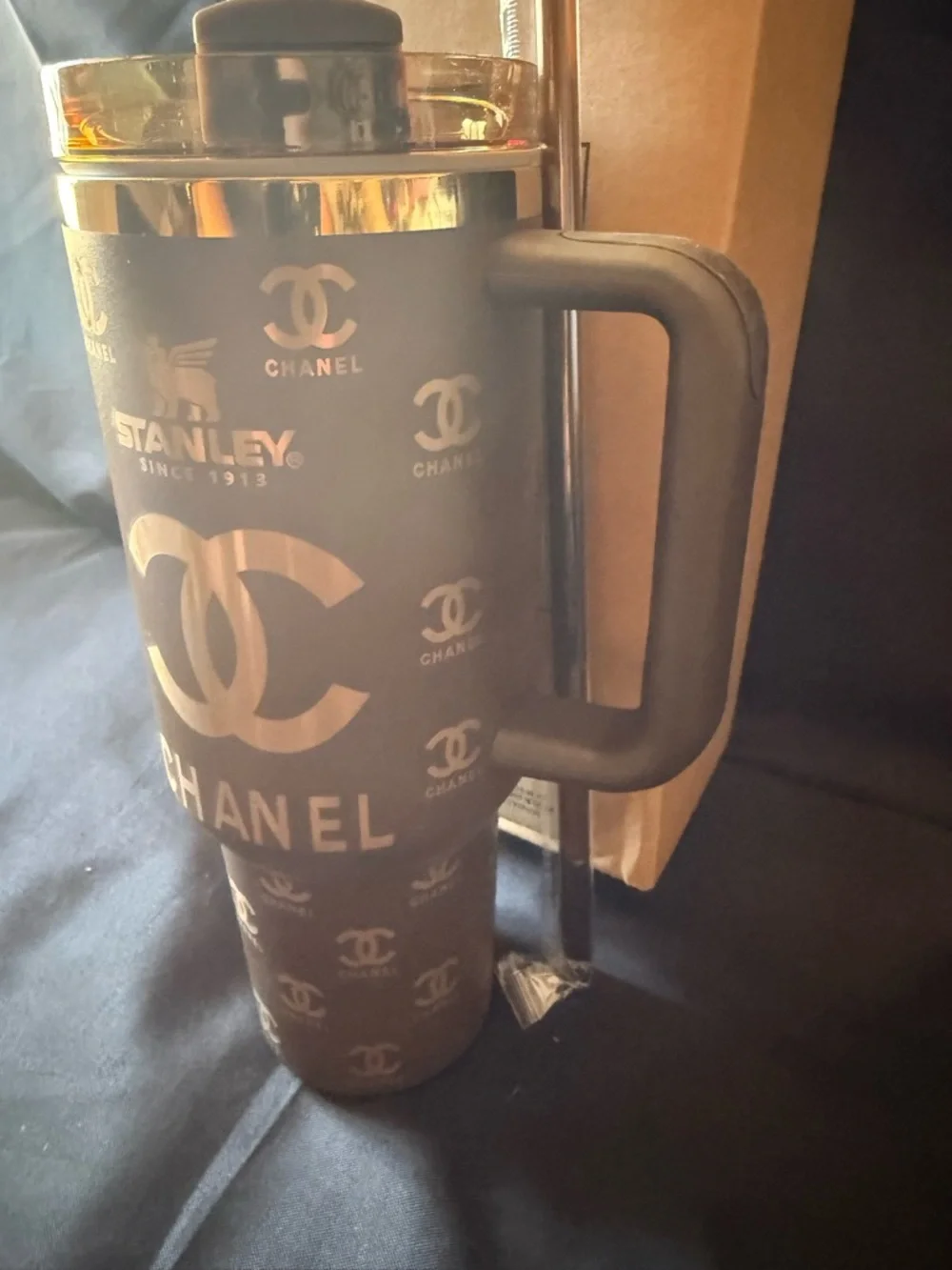 New Stanley 40oz Brown/Gold Laser CEngravedC Tumbler w/ Brown Straw - Picture 5 of 8